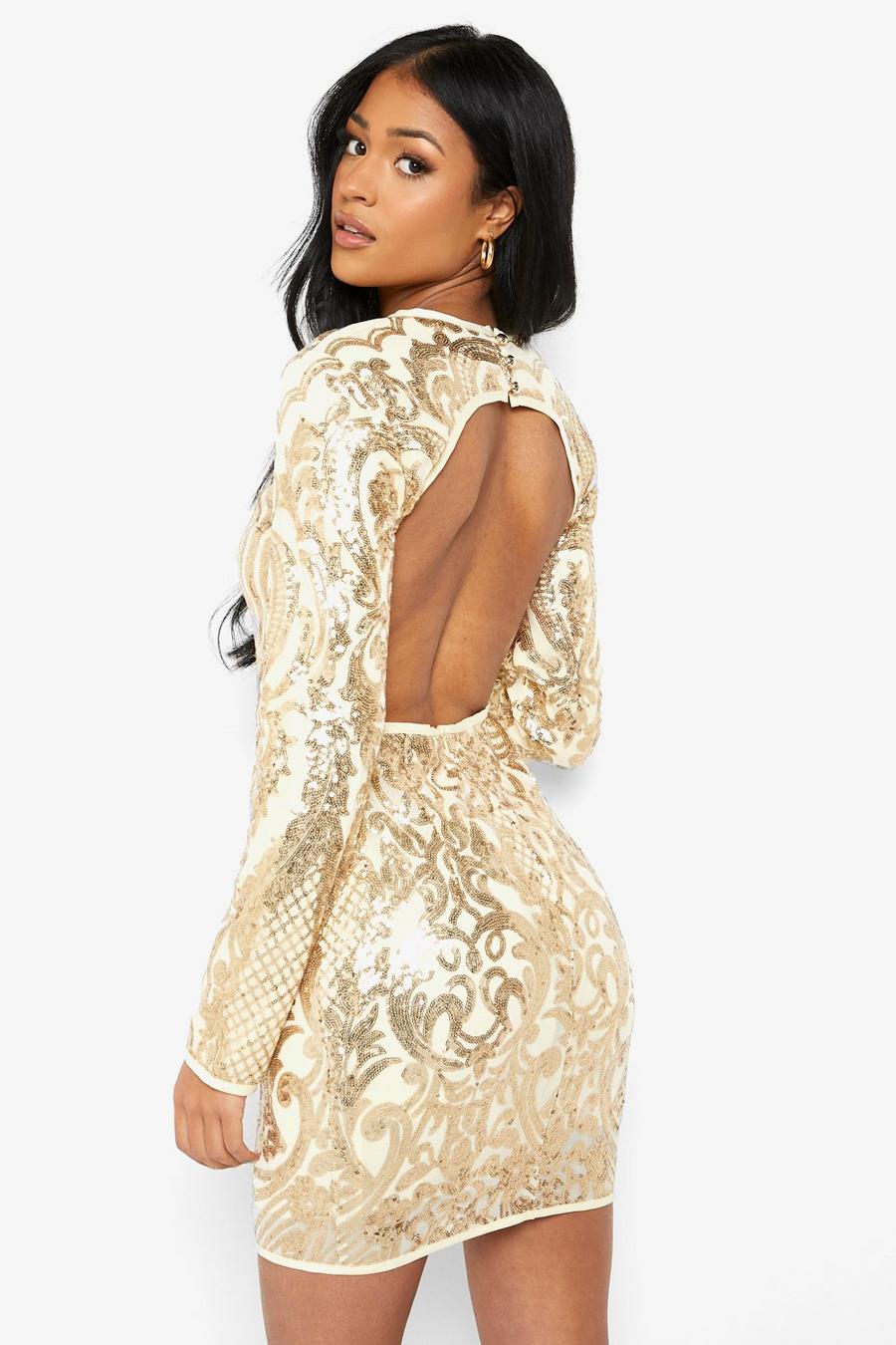 Gold Tall Damask Sequin Open Back Mini Dress image number 1