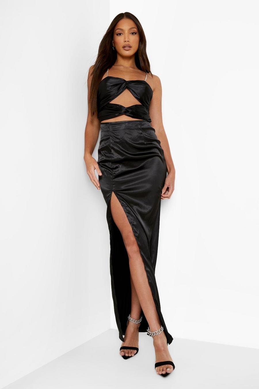 Black Tall Diamante Strap Knot Front Maxi Dress image number 1