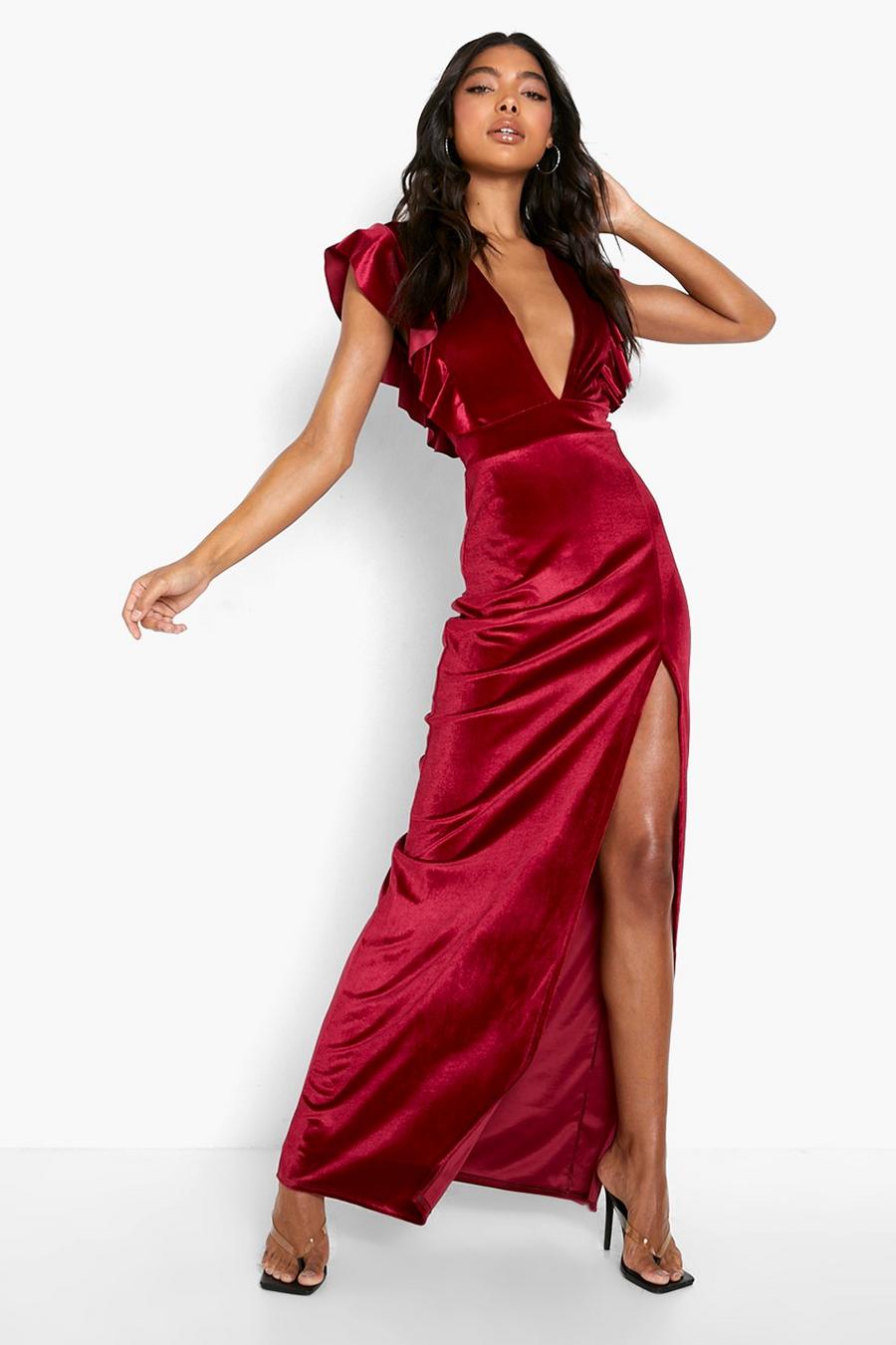 Berry rouge Tall Plunge Ruffle Velvet Split Maxi Dress image number 1