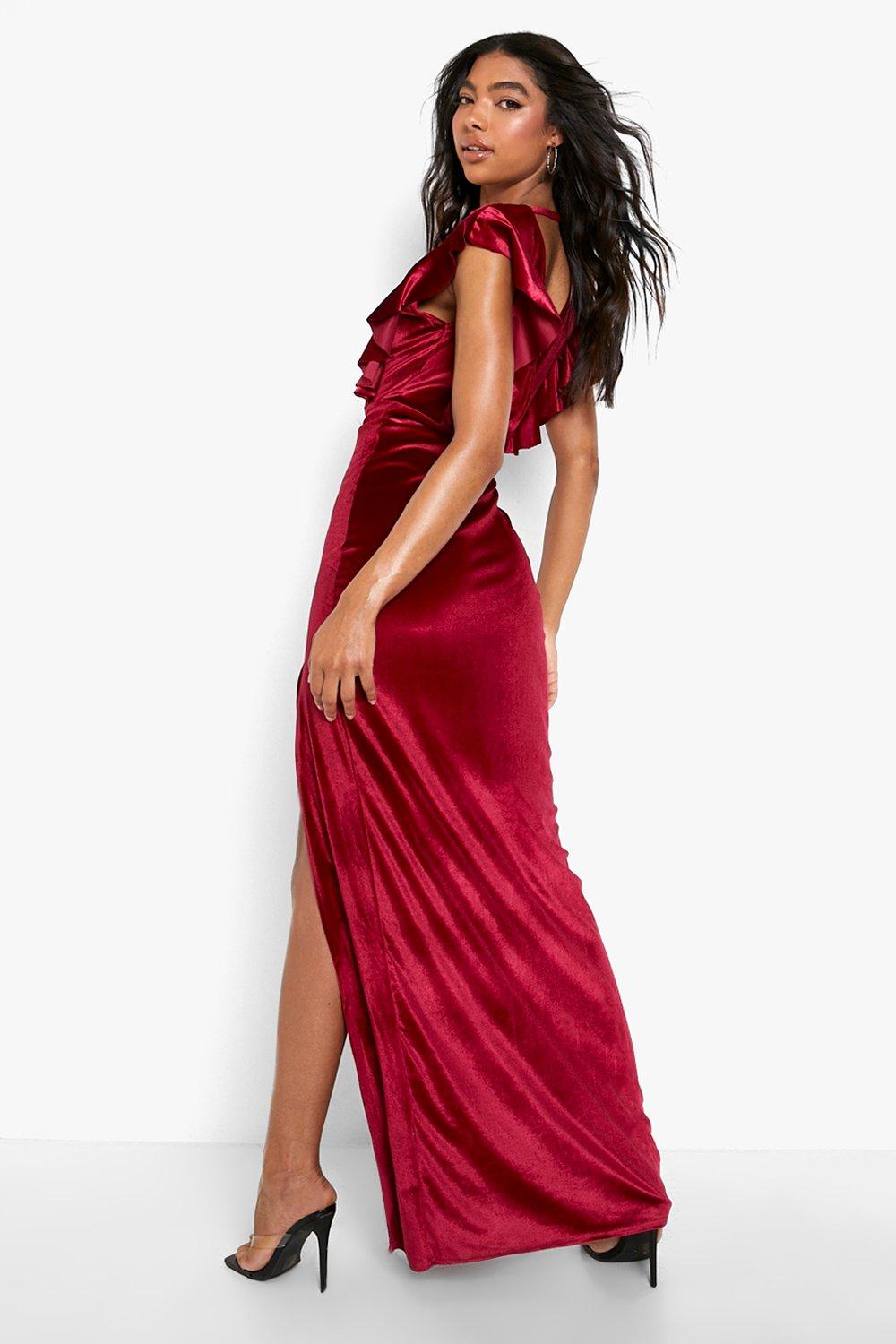 Ruffle plunge split store leg maxi dress