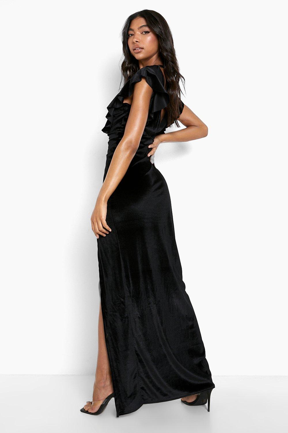 Tall Plunge Ruffle Velvet Split Maxi Dress