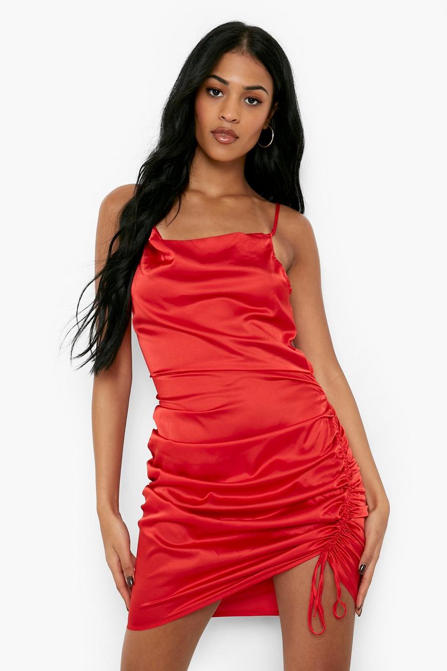 Red Tall Satin Ruche Side Cowl Mini Dress image number 1
