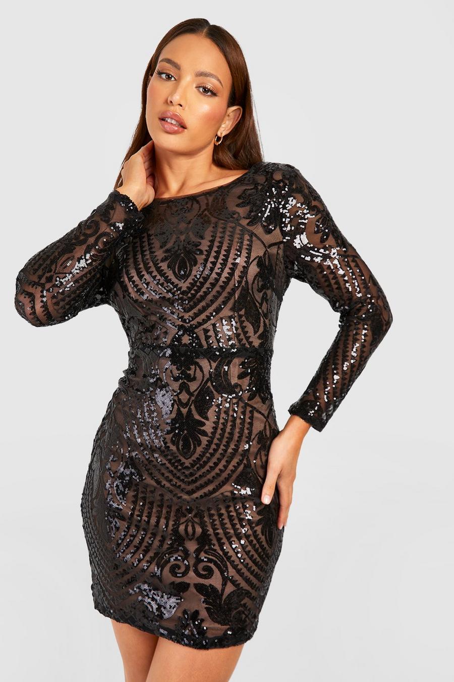 שחור שמלת מיני מבד דמשק עם פייטים ומחשוף גב נשפך, לנשים גבוהות