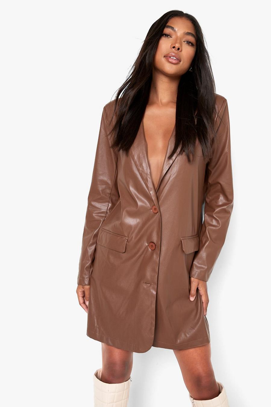 Tall - Robe blazer oversize en simili, Chocolate image number 1