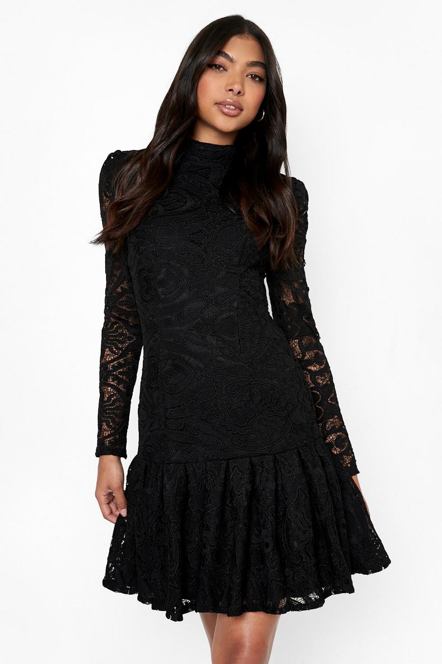 Black Tall Lace Shoulder Detail Skater Dress image number 1
