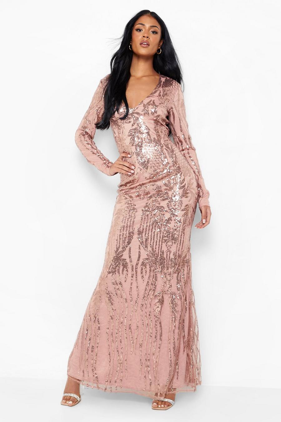 Rose gold Tall Damask Sequin Plunge Maxi Dress image number 1