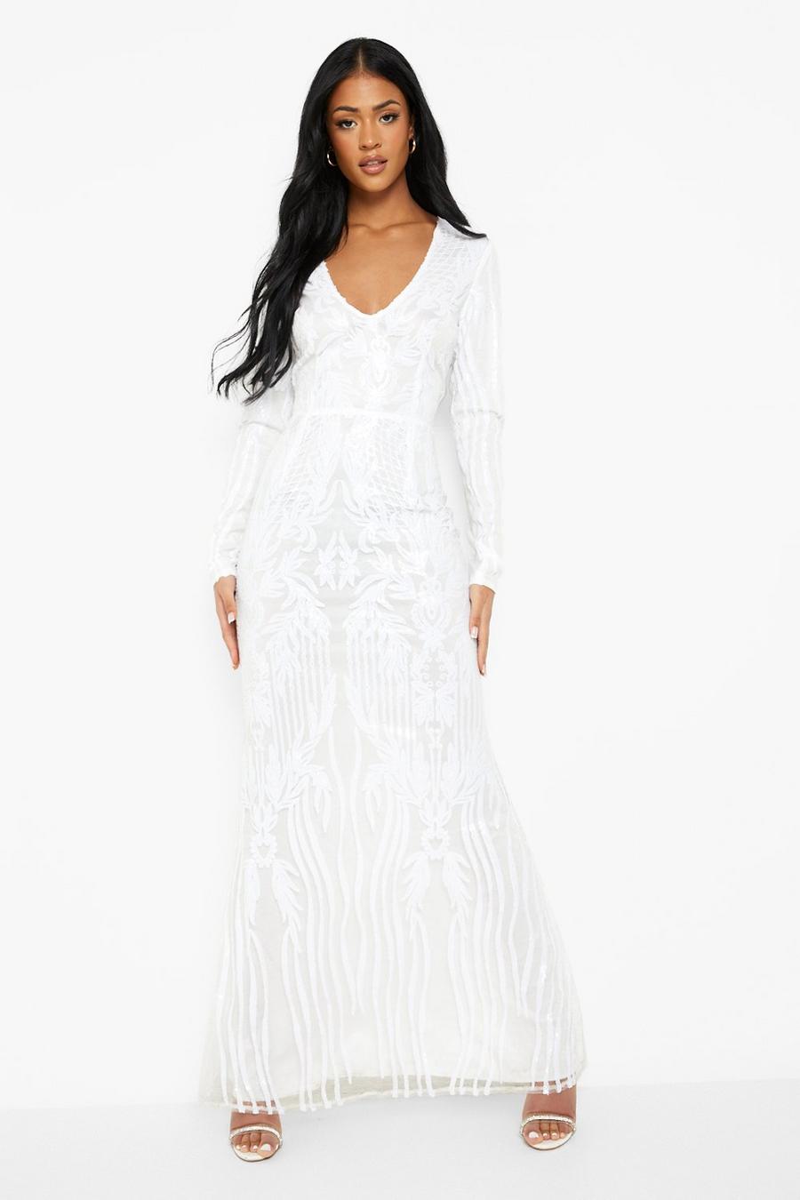 White Tall Damask Sequin Plunge Maxi Dress image number 1