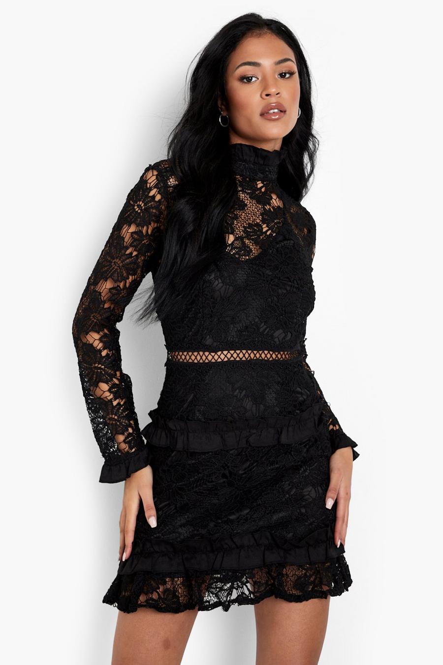 Black Tall Lace High Neck Long Sleeve Tiered Mini image number 1