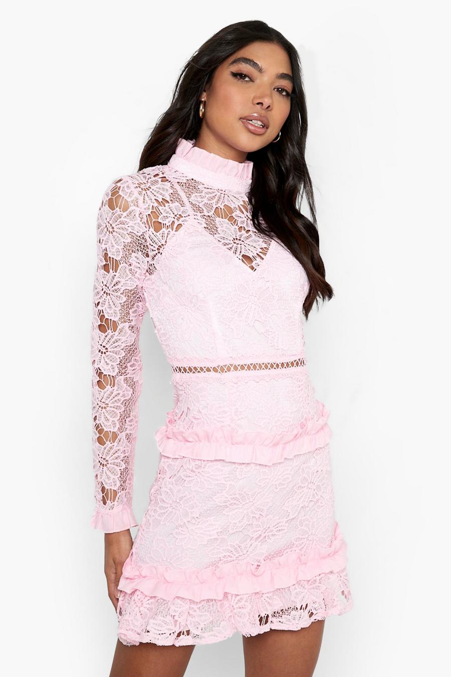 Blush pink Tall Lace High Neck Long Sleeve Tiered Mini