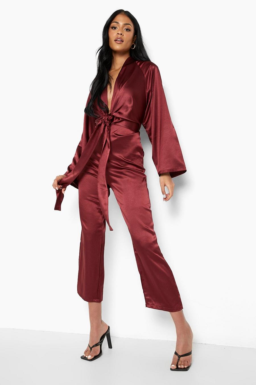 Berry Tall Satin Knot Front Jumpsuit image number 1