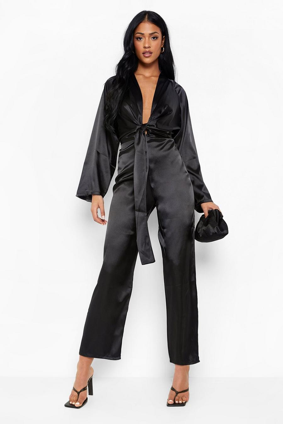 Black Tall Satin Knot Front Jumpsuit image number 1