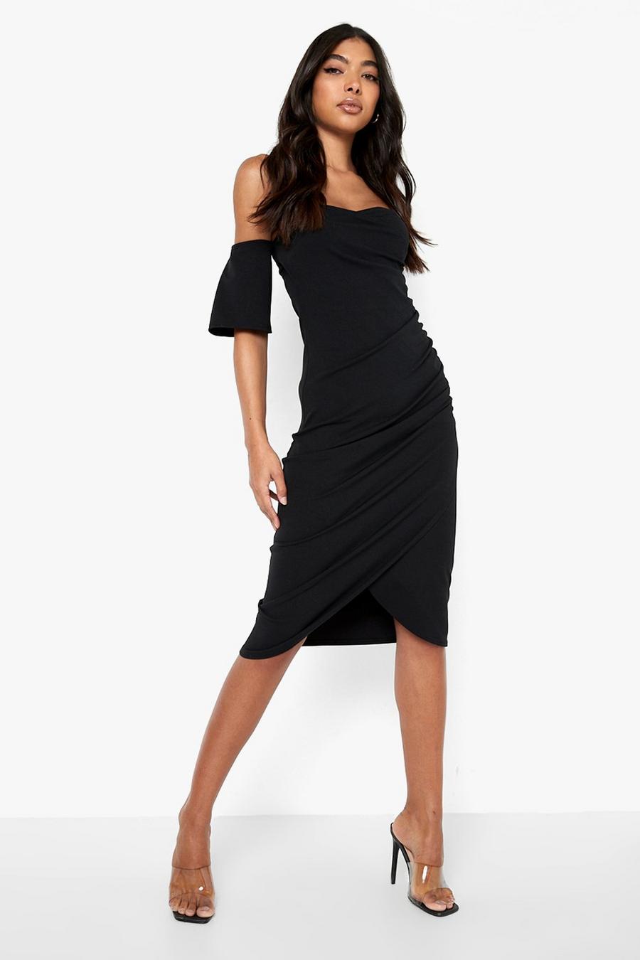 שחור שמלת מידי מבד ממוחזר עם כתפיים חשופות לנשים גבוהות image number 1