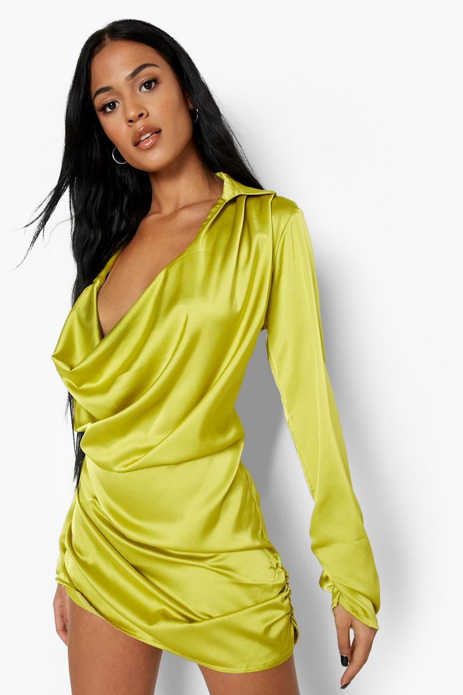 Chartreuse Tall Extreme Cowl Neck Satin Mini Dress image number 1