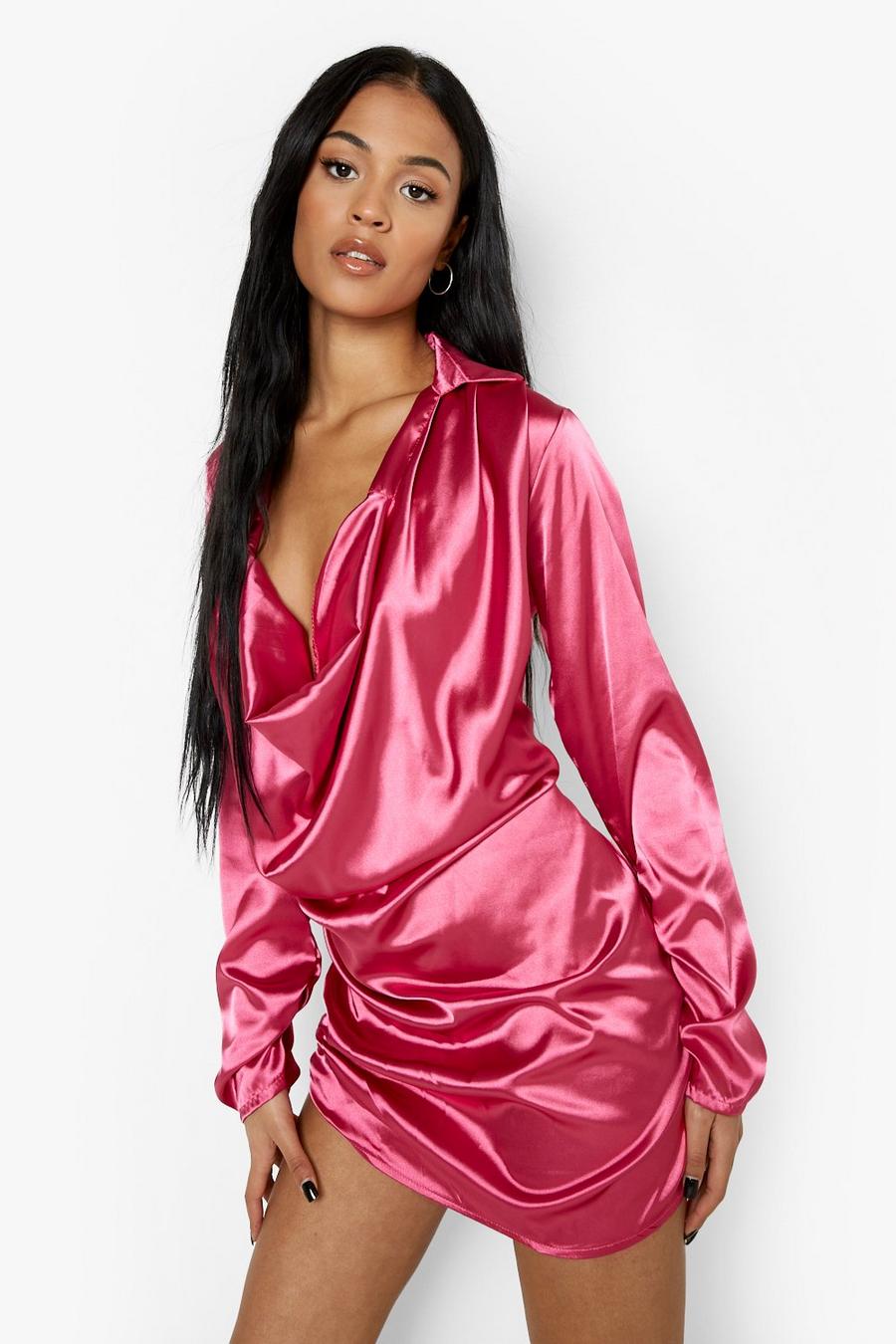 Hot pink Tall Extreme Cowl Neck Satin Mini Dress image number 1