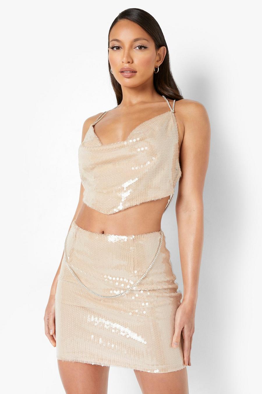 Nude color carne Tall Sequin Diamante Trim Skirt