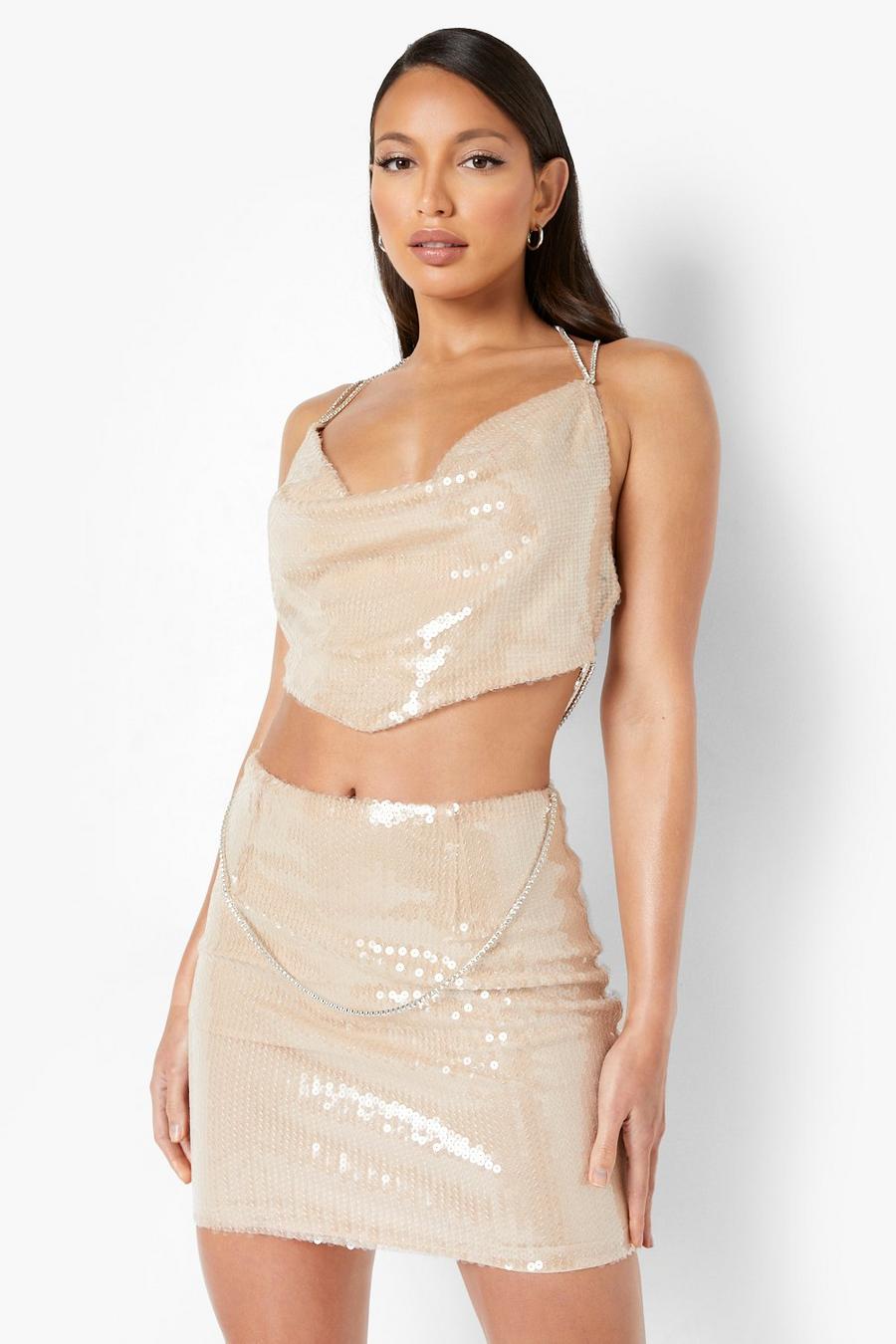 Nude Tall Sequin Diamante Strap Cowl Crop Top image number 1