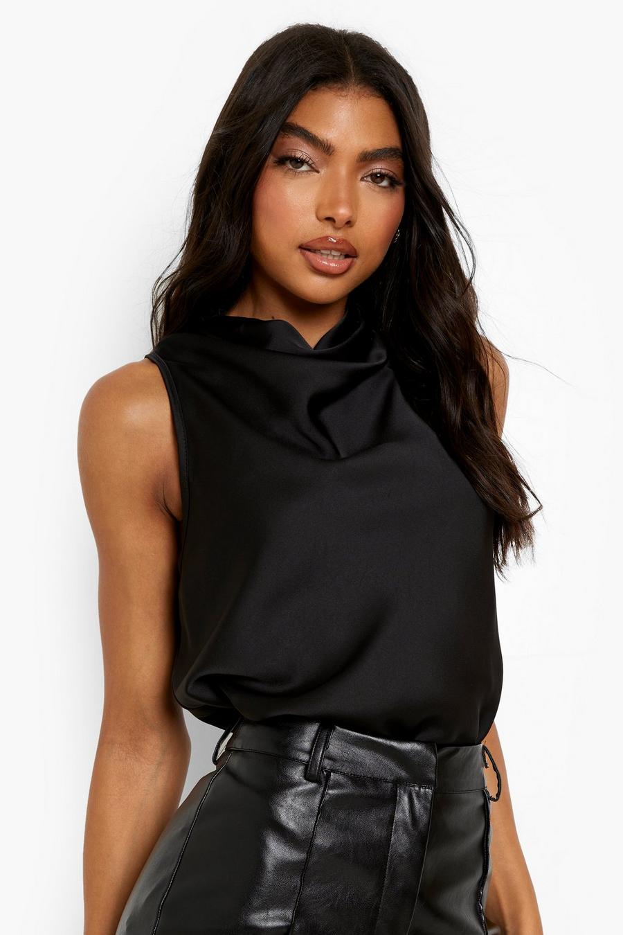 Black Tall Cowl Neck Sleeveless Satin Top image number 1