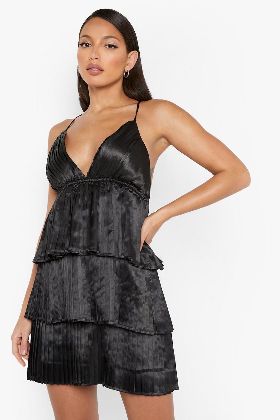 Black Tall Strappy Tiered Satin Dress image number 1