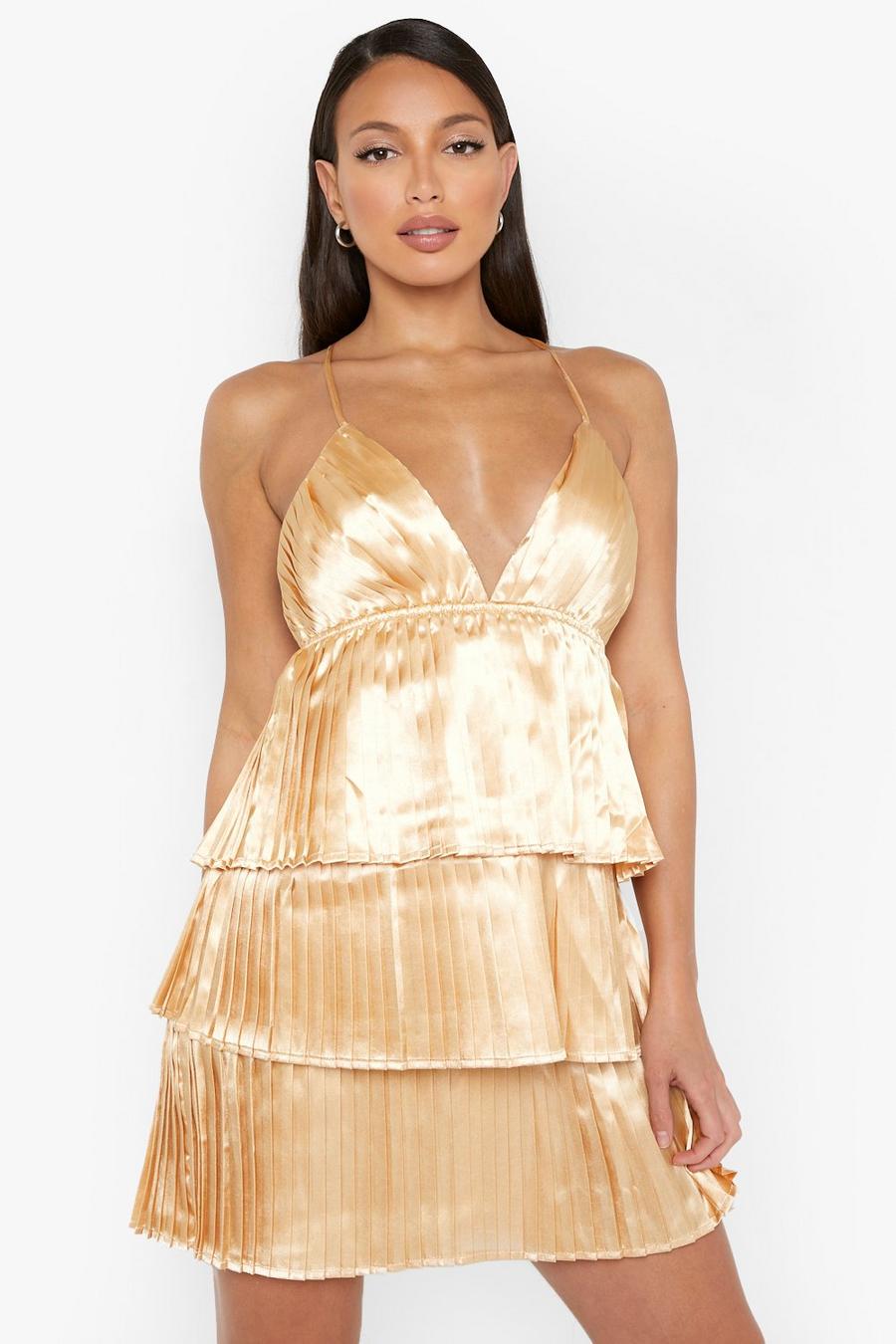 Gold Tall Strappy Tiered Satin Dress image number 1