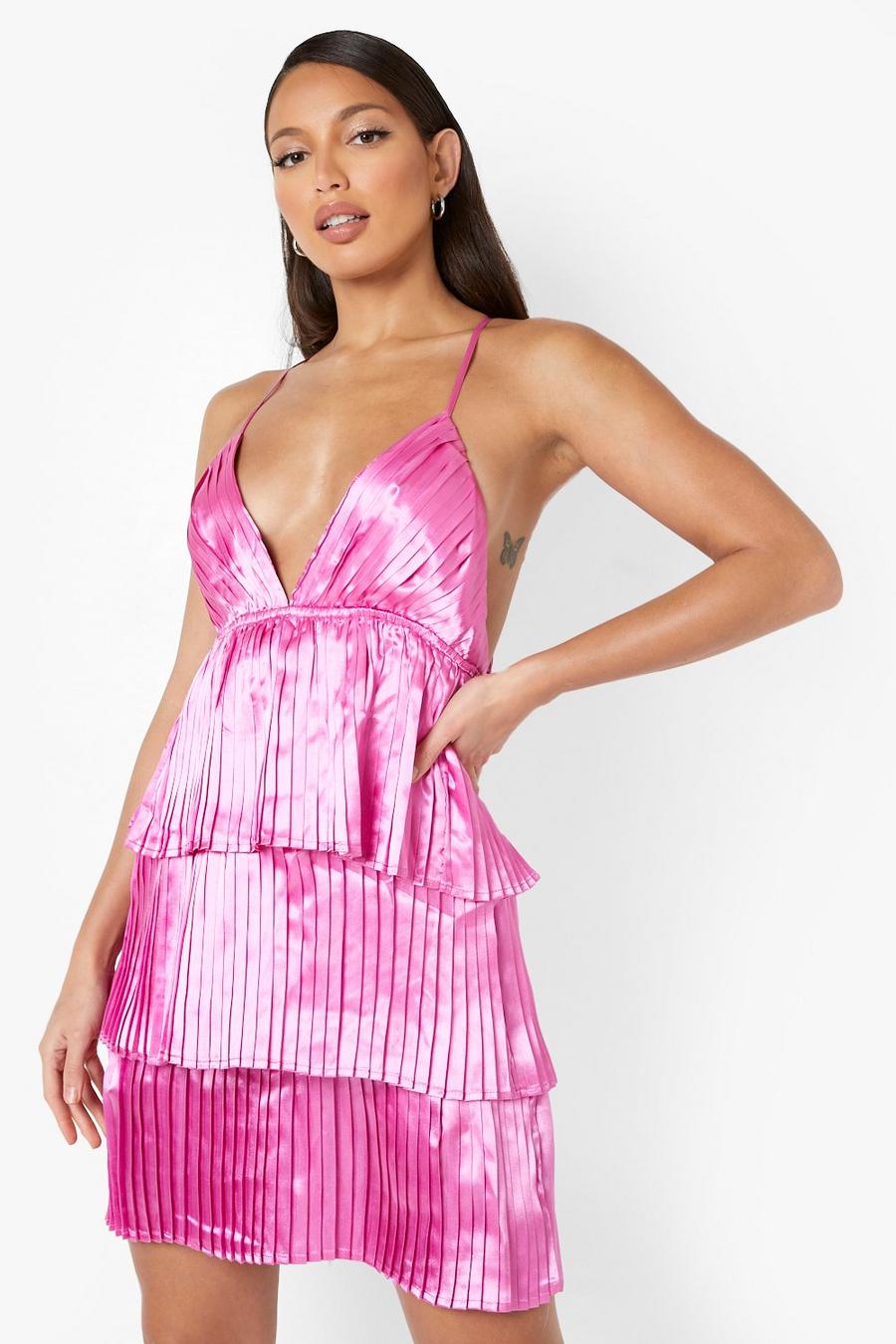 Pink Tall Strappy Tiered Satin Dress image number 1