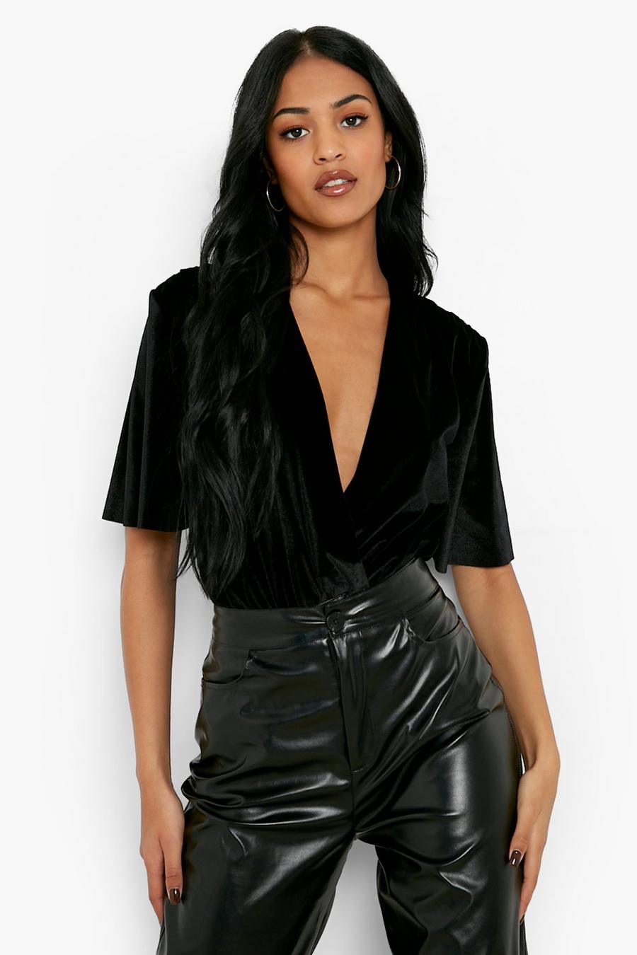 Black Tall Wrap Over Angle Sleeve Velvet Bodysuit image number 1