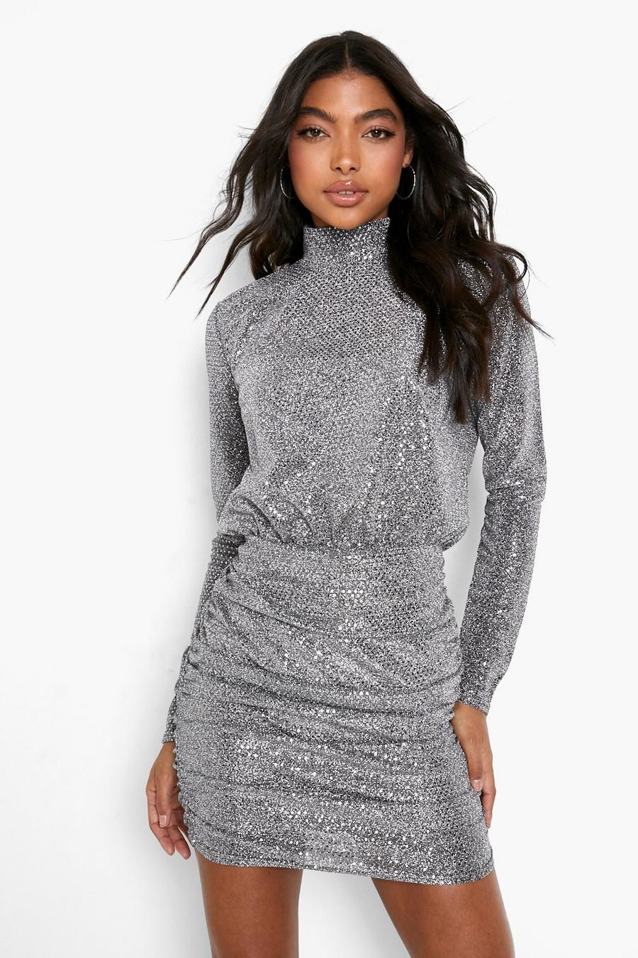 Silver Tall High Neck Sequin Long Sleeve Dress image number 1