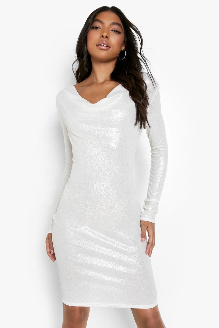 Ivory Tall Glitter Cowl Neck Long Sleeve Mini Dress image number 1