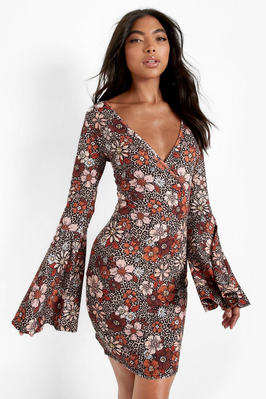 Chocolate Tall 70s Floral Print Flare Sleeve Mini Dress image number 1