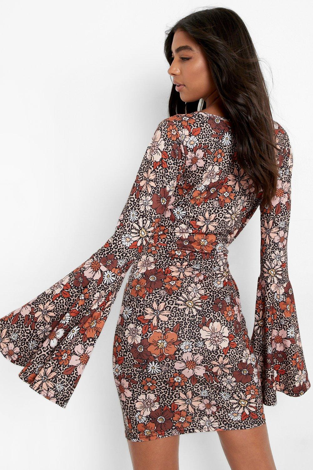 Tall 70s Floral Print Flare Sleeve Mini Dress