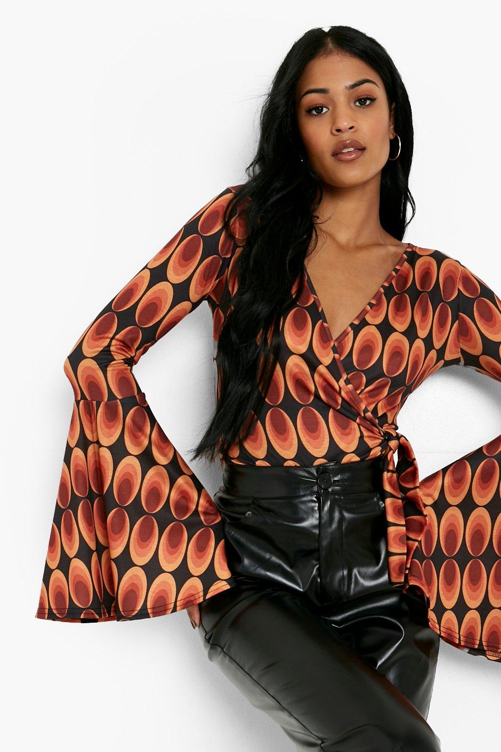 Womens Tall 70s Print Flare Sleeve Wrap Bodysuit | Boohoo UK