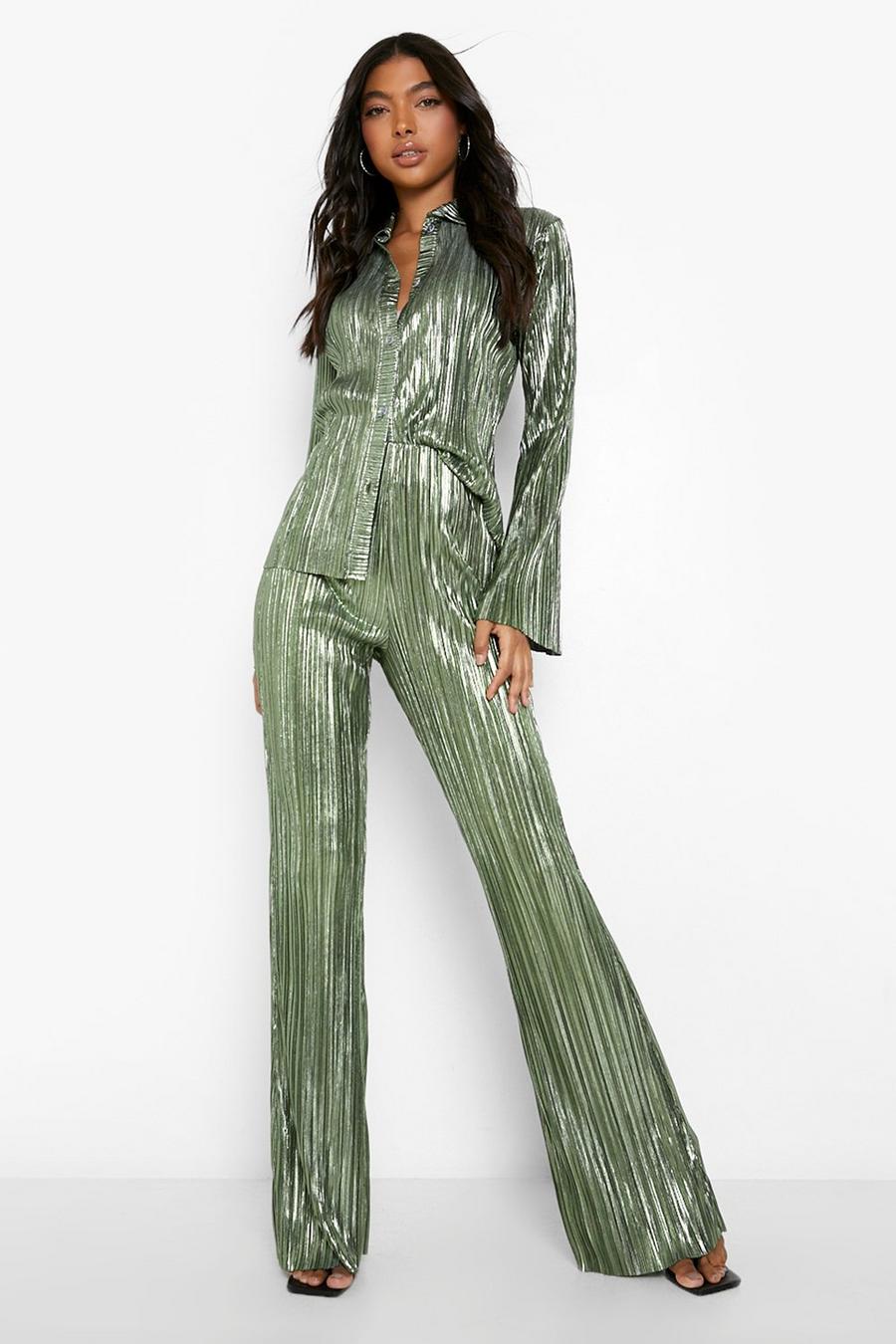 Green Tall Metallic Plisse Trousers image number 1