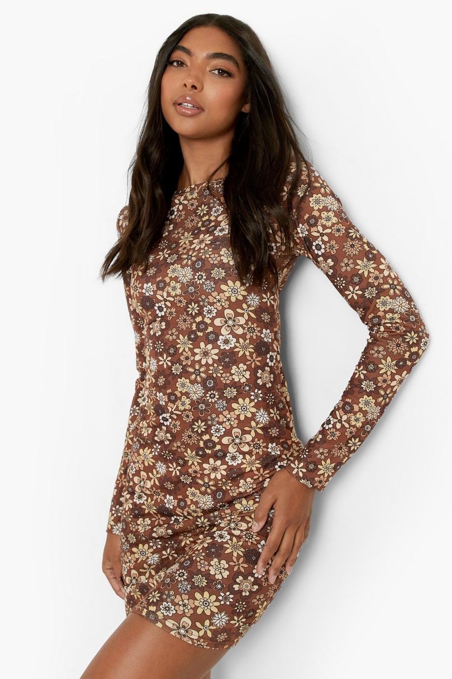 Chocolate Tall Long Sleeve 70s Floral Print Mini Dress image number 1