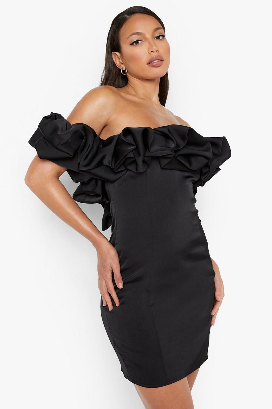 Black Tall Ruffle Detail Off The Shoulder Mini Dress image number 1
