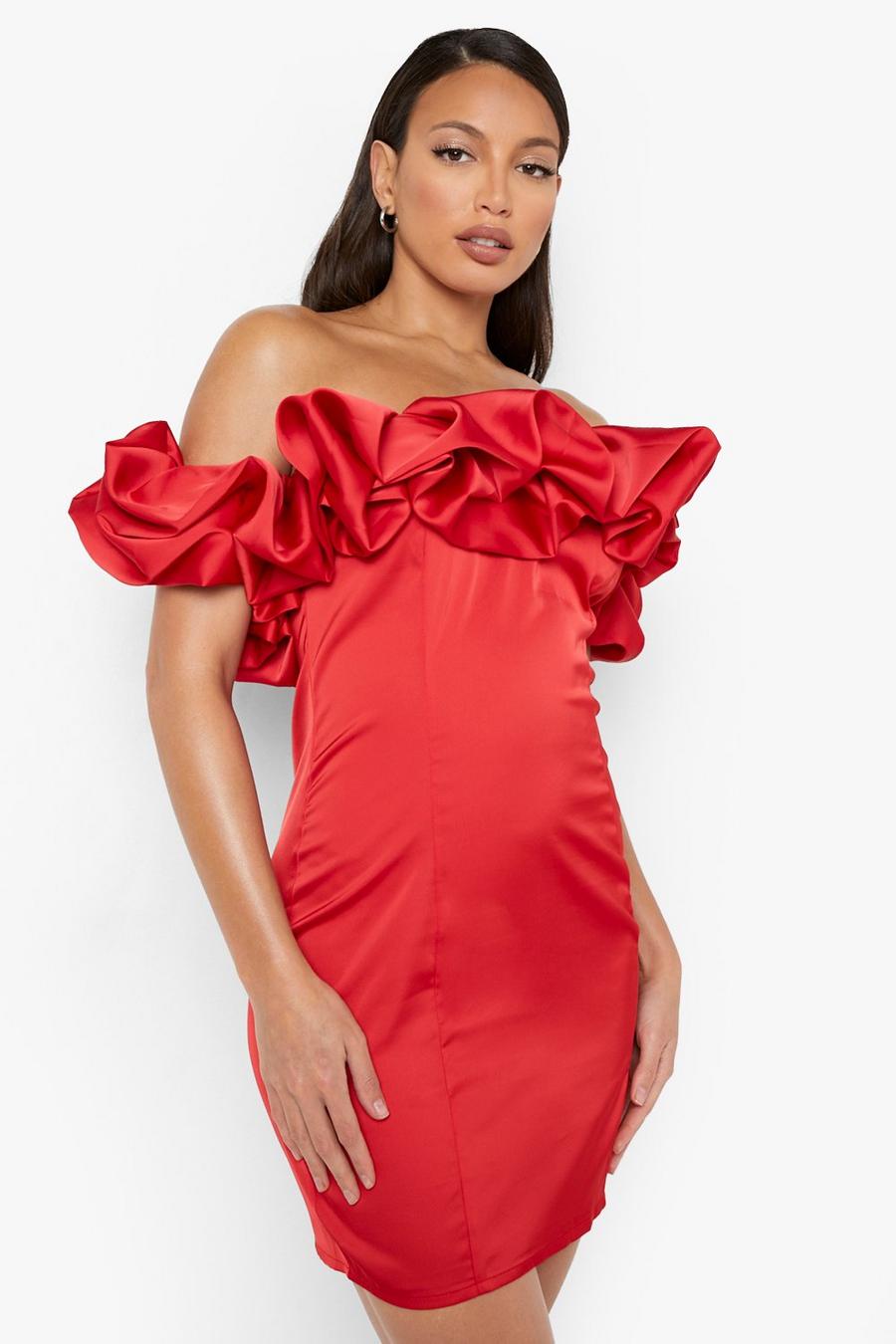 Red Tall Ruffle Detail Off The Shoulder Mini Dress image number 1