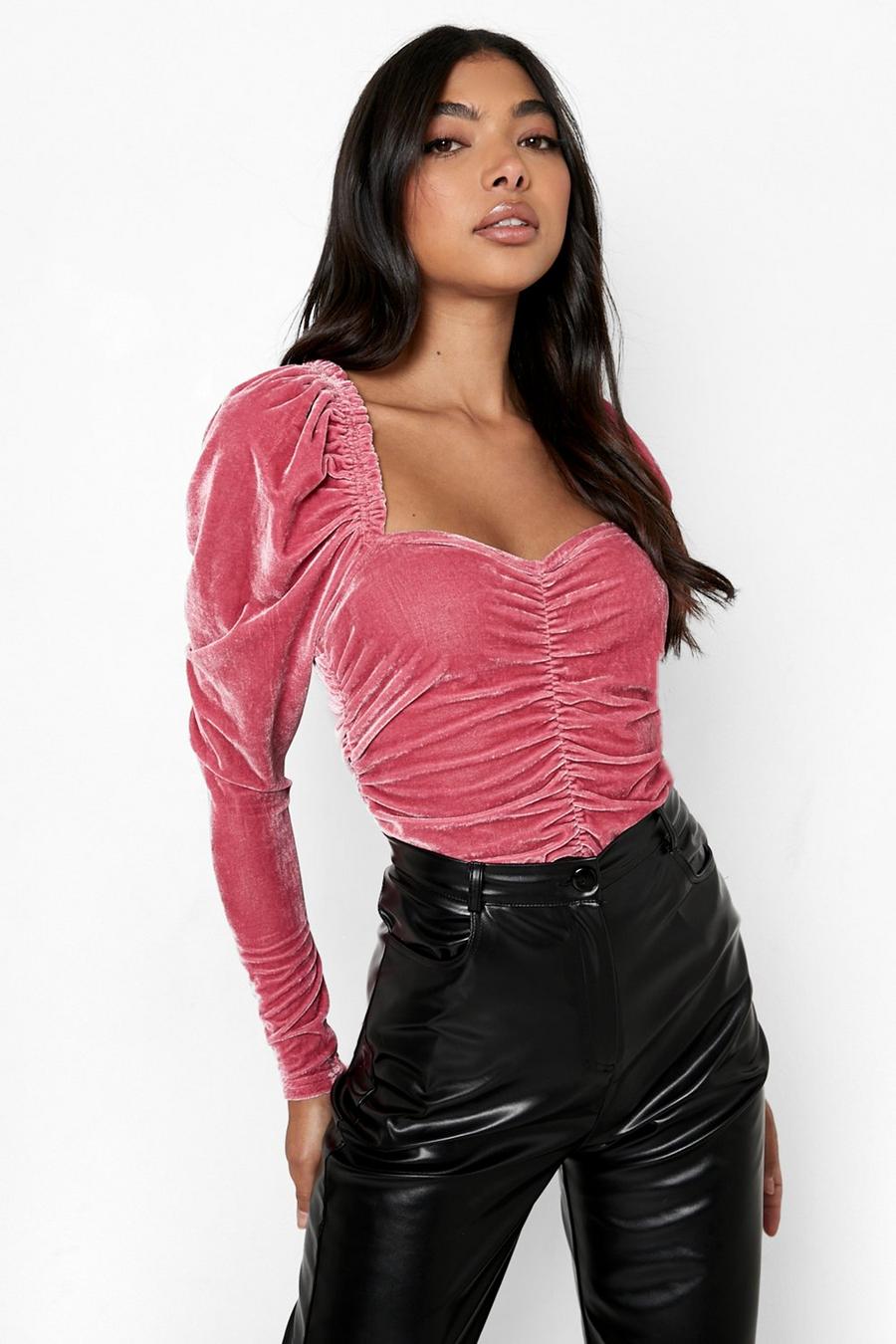 Pink Tall Ruched Velvet Bodysuit image number 1