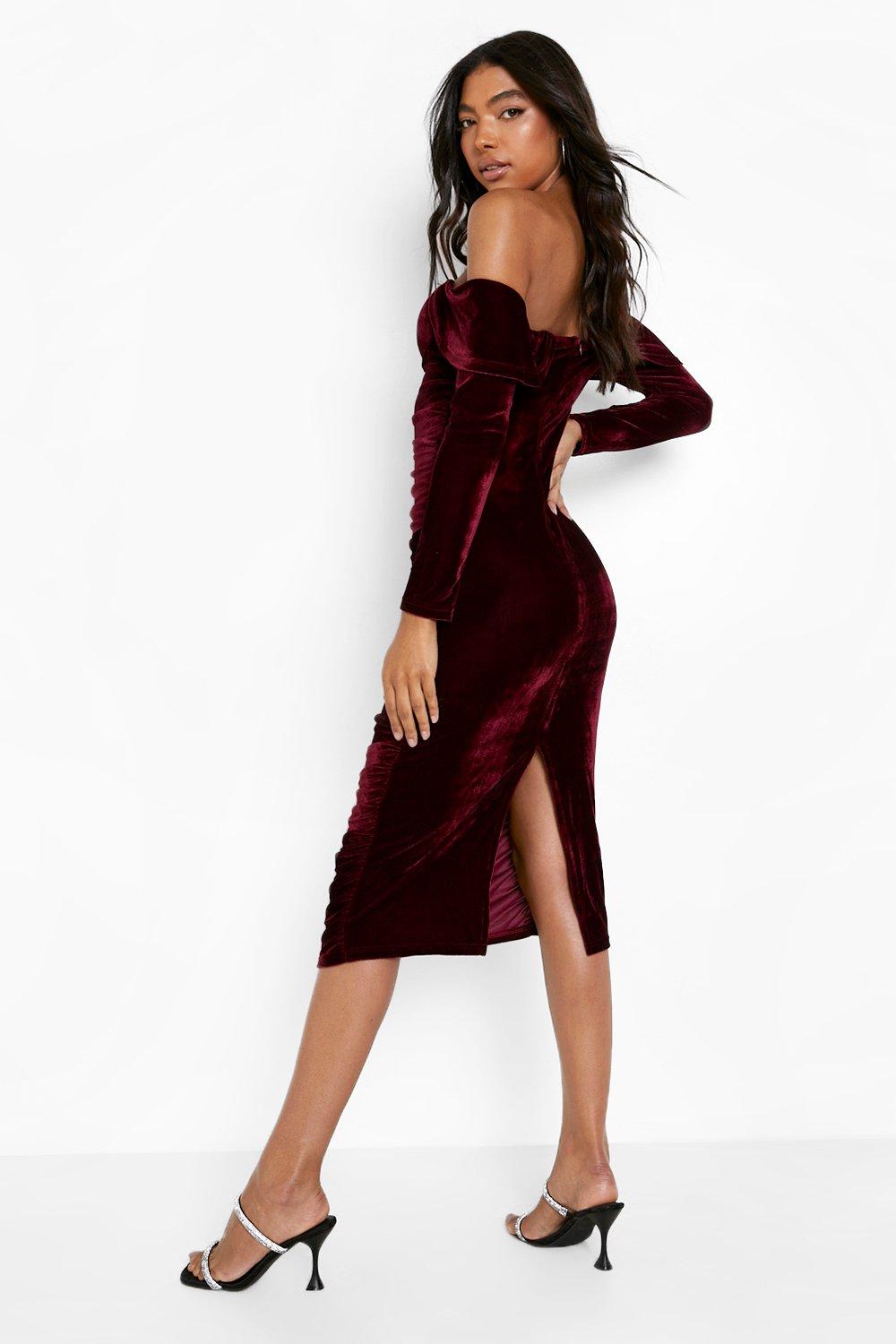 Red velvet dress store off the shoulder