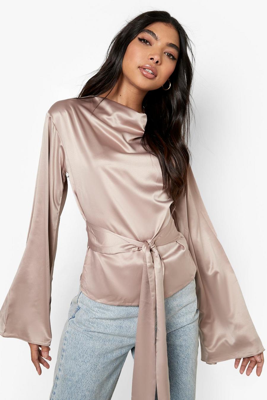 Champagne beige Tall Wide Sleeve Tie Detail Blouse