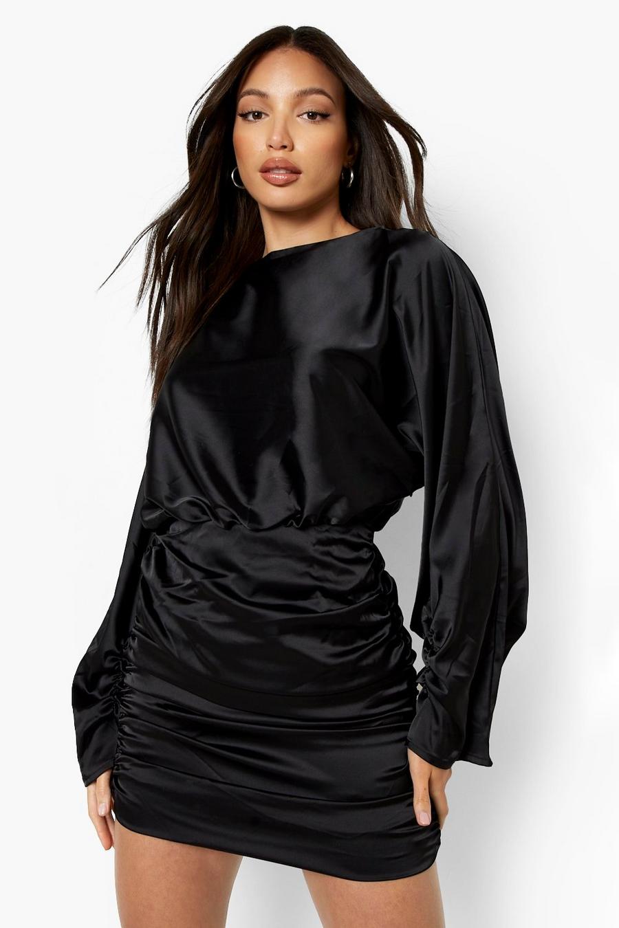 Black Tall Wide Sleeve Ruche Satin Dress image number 1