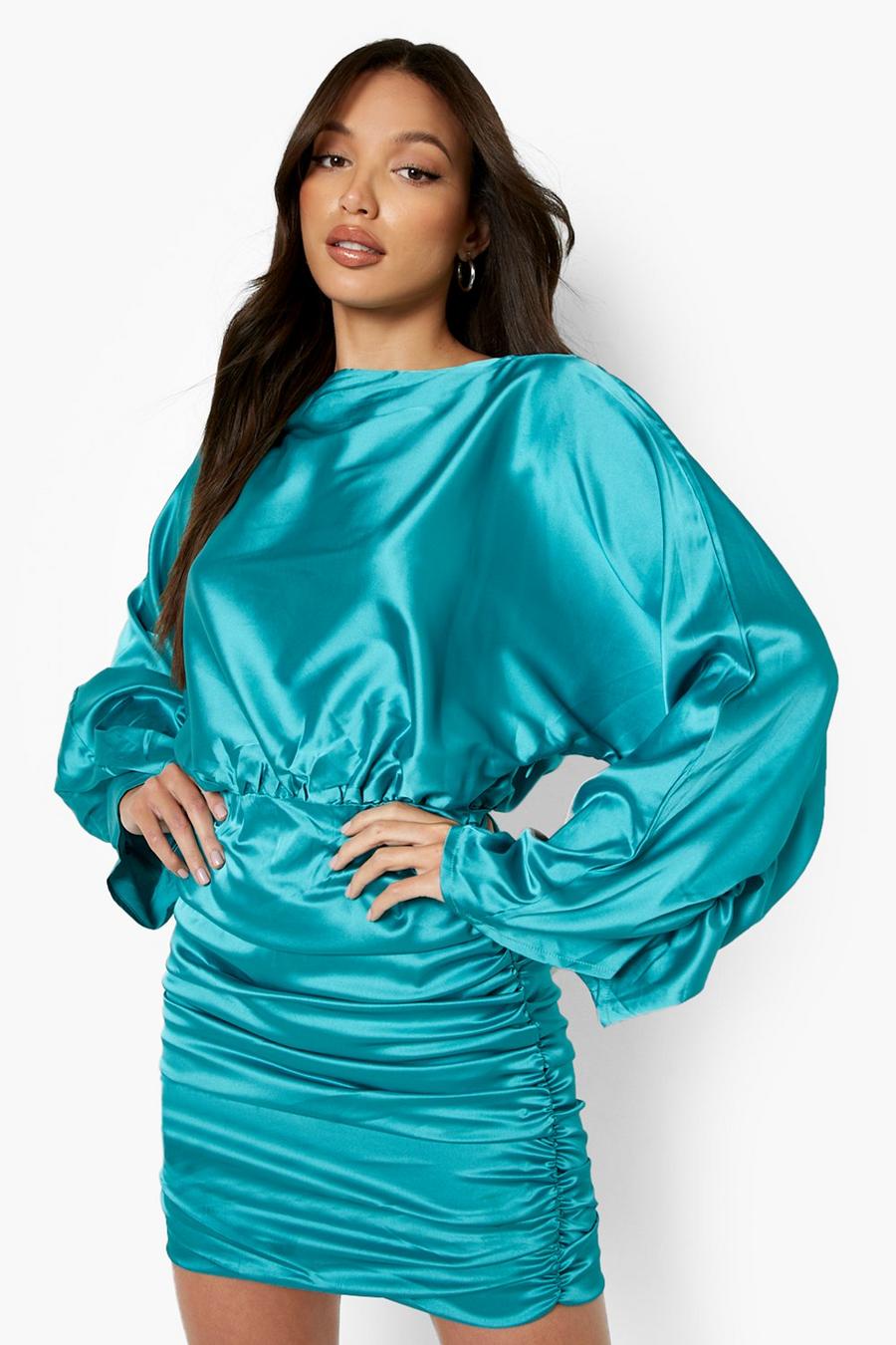 Blue Tall Wide Sleeve Ruche Satin Dress image number 1