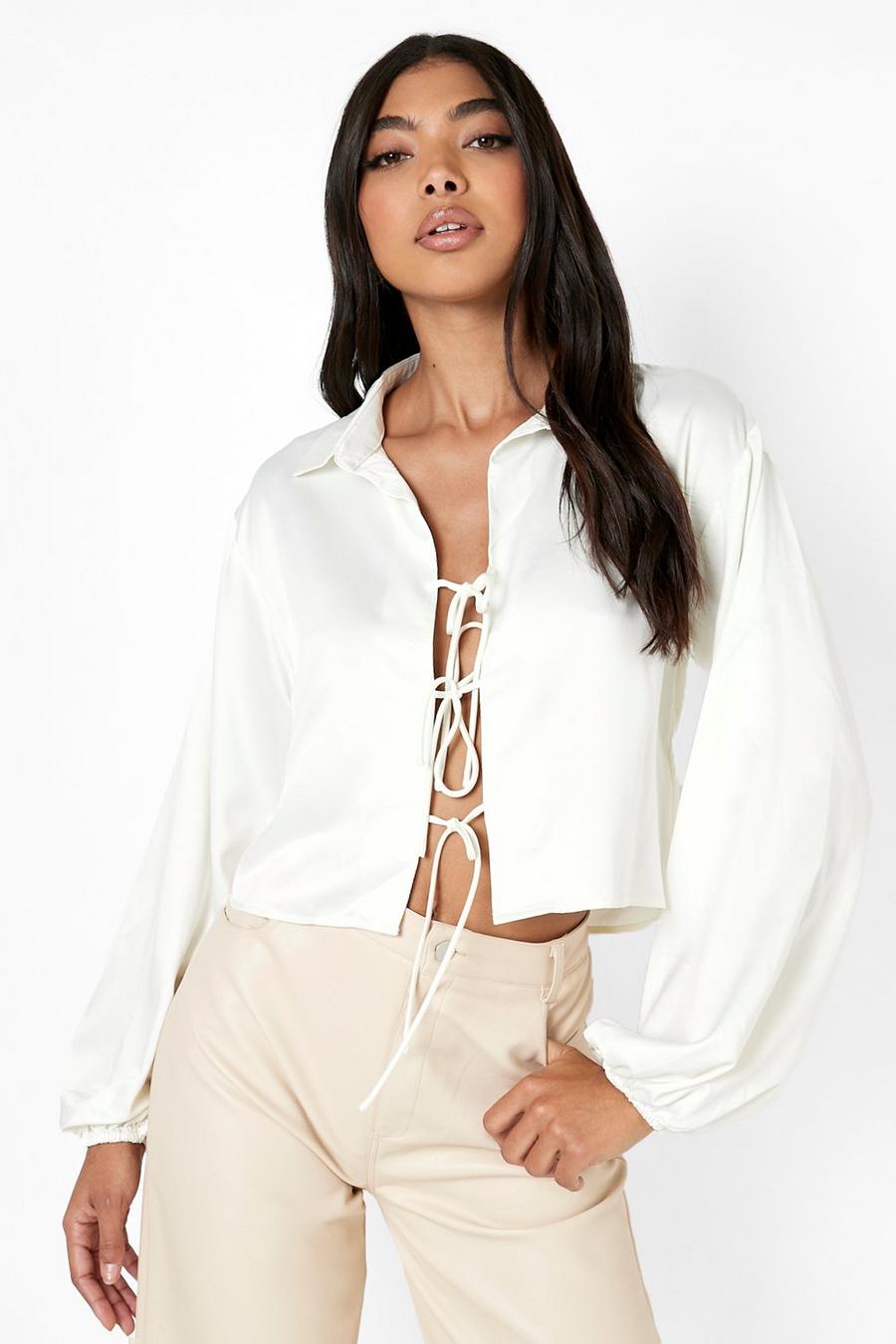 White Tall Satin Tie Front Blouson Sleeve Shirt image number 1