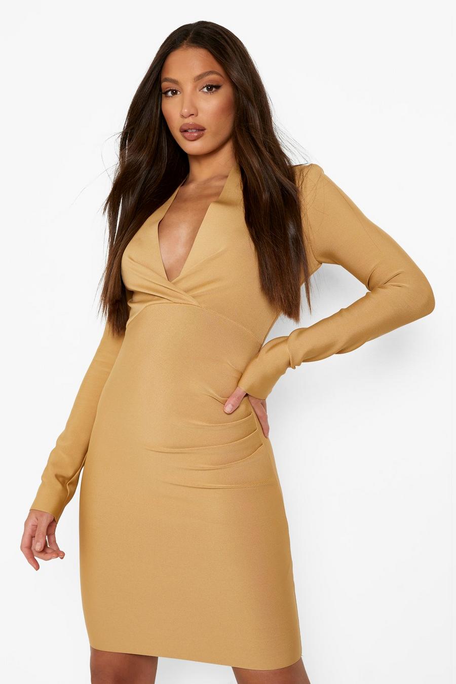 Gold Tall Long Sleeve Bandage Bodycon Dress image number 1