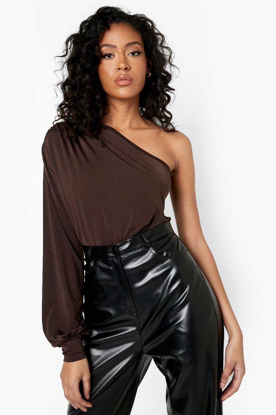 Chocolate Tall Slinky One Shoulder Bodysuit image number 1