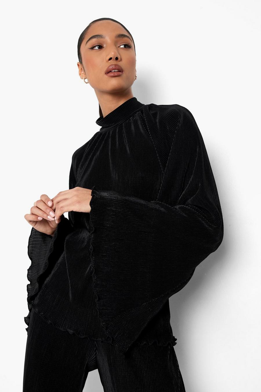 Tall hochgeschlossene Plissee-Bluse mit weiten Ärmeln, Black image number 1