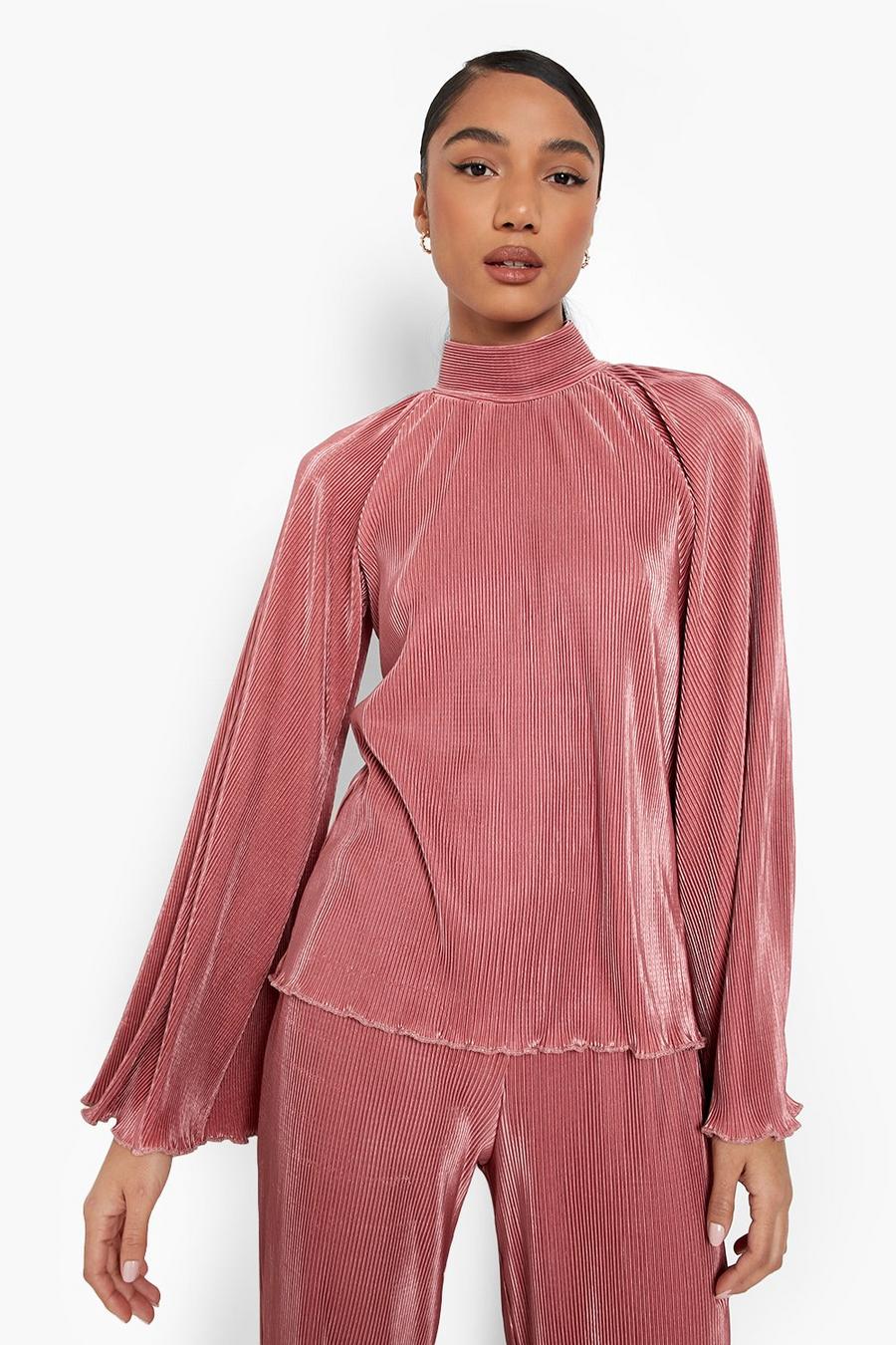 Tall hochgeschlossene Plissee-Bluse mit weiten Ärmeln, Rose pink image number 1
