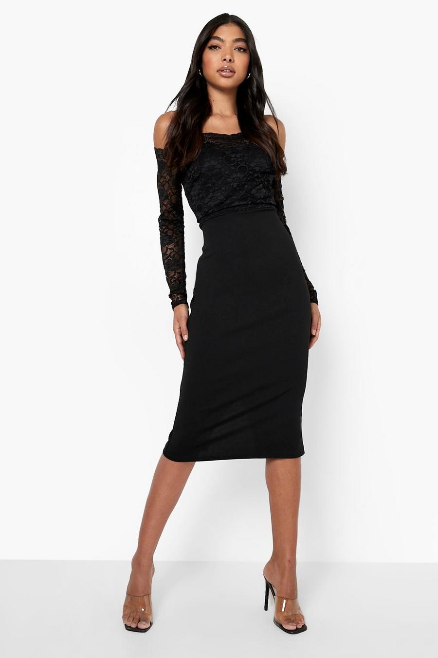 Black Tall Lace Off Shoulder Midi Dress image number 1