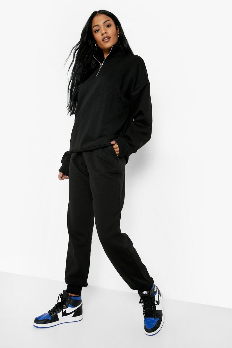Black Tall Zip Funnel Neck Piping Detail Tracksuit image number 1