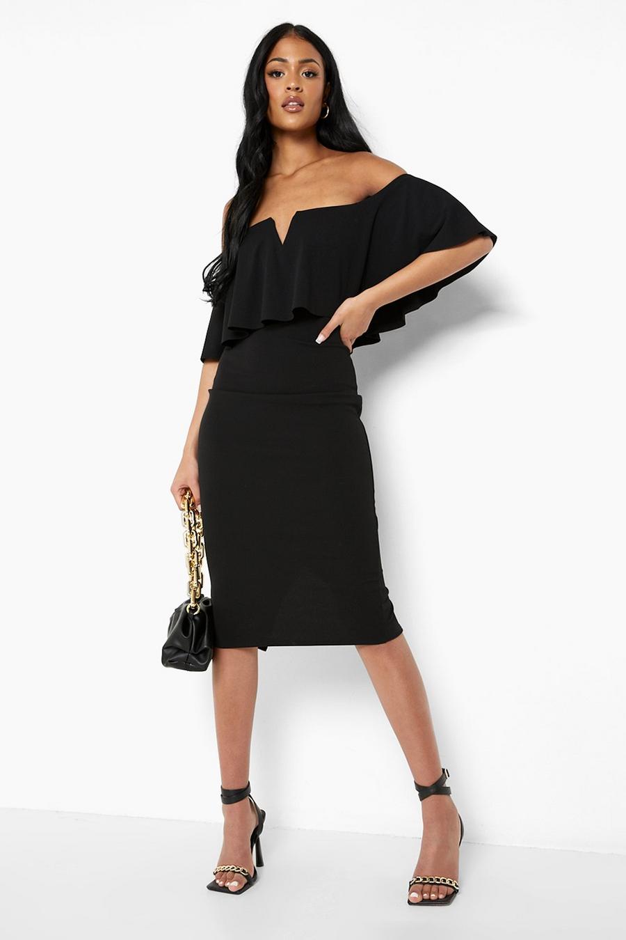 Black Tall Off Shoulder Ruffle Midi Dress