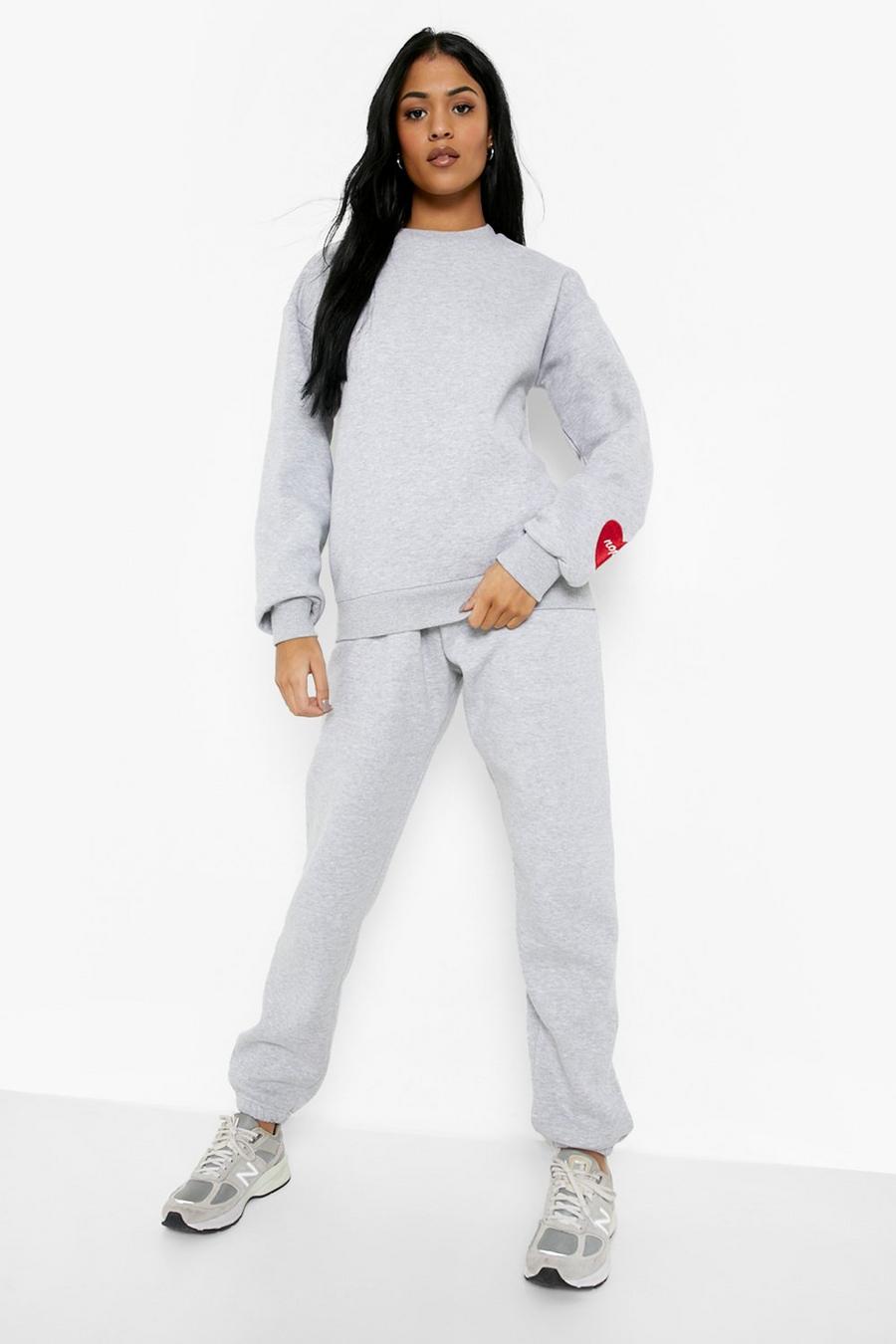 Grey Tall Heart Embroidered Sweatshirt Tracksuit image number 1