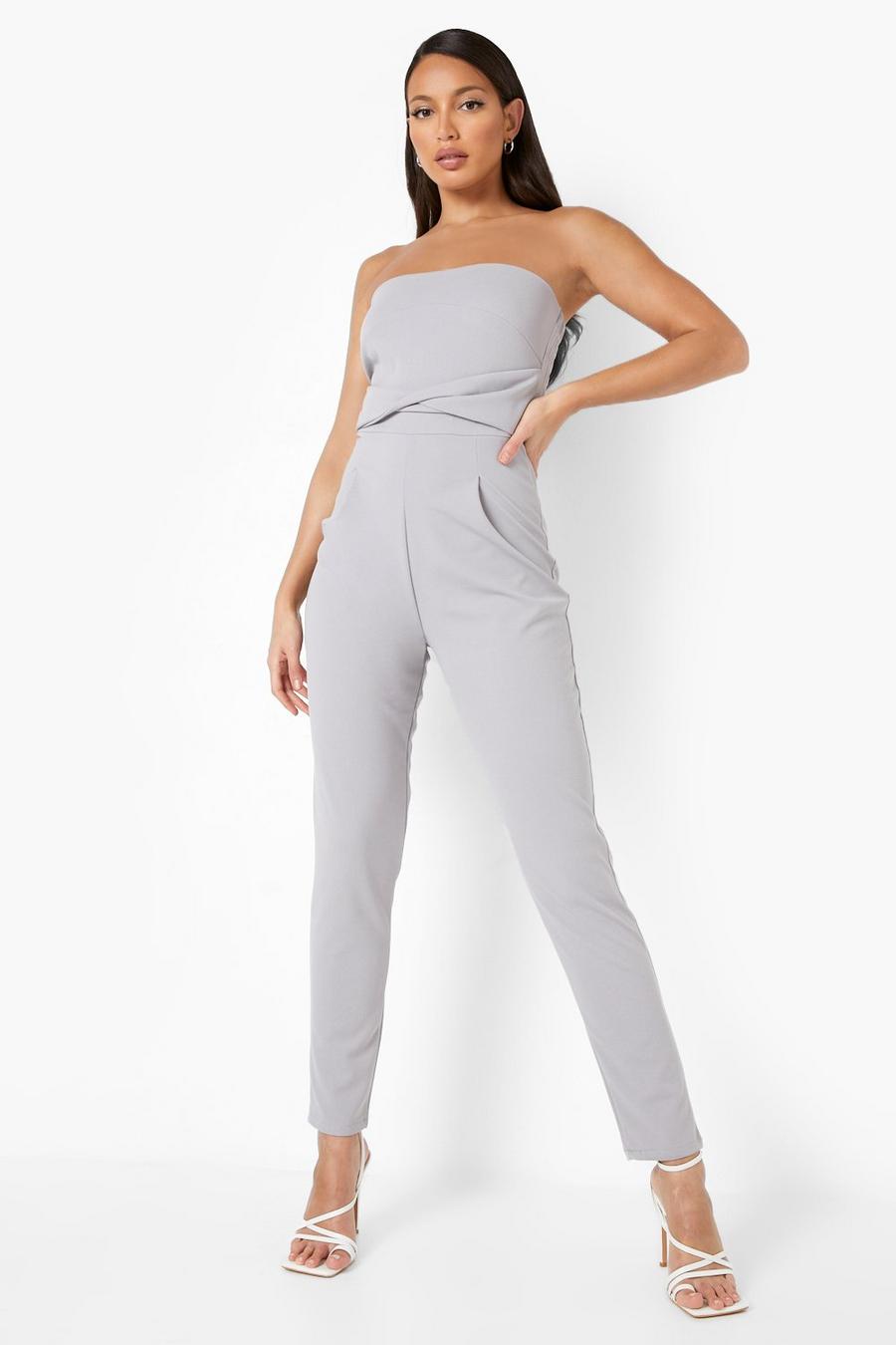 Grey Tall Bandeau Tailored Woven Slim Fit Jumpsuit