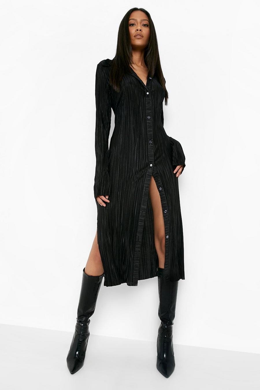 Black Tall Plisse Split Midi Shirt Dress image number 1